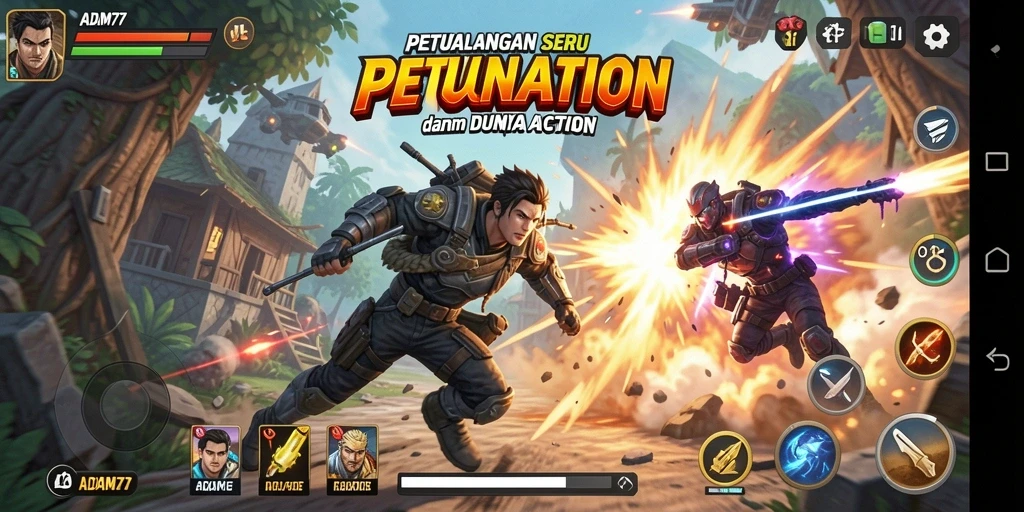 Screenshot menunjukkan aksi mendebarkan dalam gameplay ADAM77.