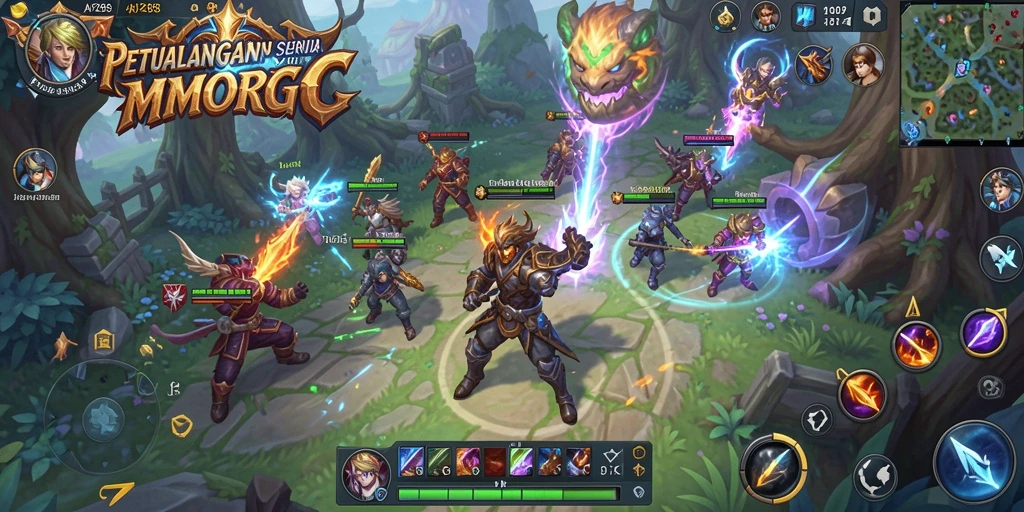 Tampilan screenshot utama API288 menampilkan karakter dalam pertempuran seru di dunia MMORPG.