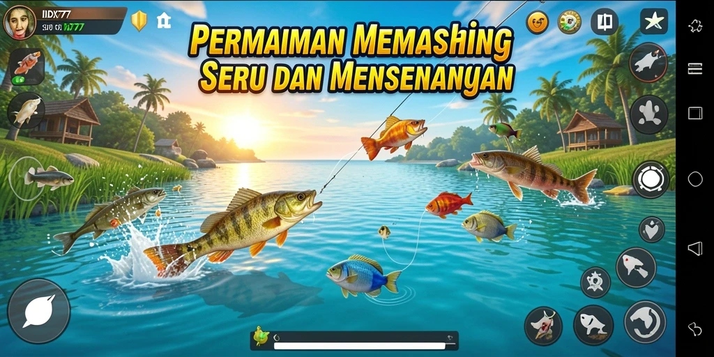 Screenshot gameplay IDX777 menampilkan pemain saat memancing ikan.